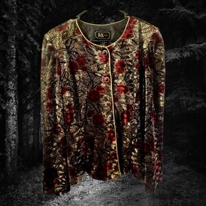Vintage RK Women's Floral Velvet Blazer - Red and Gold